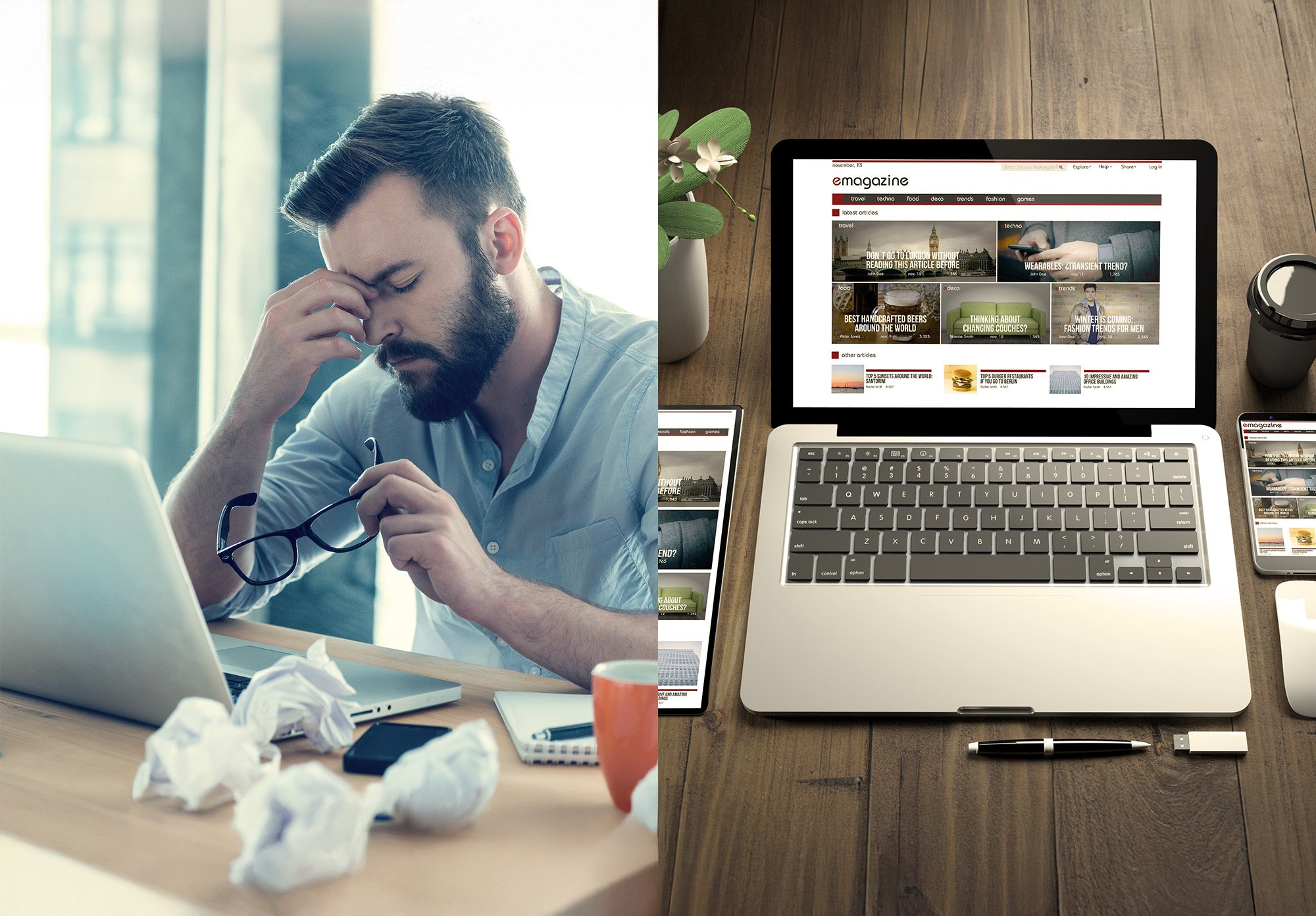 On the left side of the image is a frustrated person sitting at their laptop trying to build their own website and on the right side of the image is a professionally built website showing on a laptop screen.