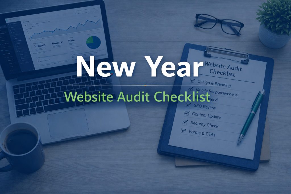 Modern workspace featuring a laptop with website analytics and a clipboard titled “New Year Website Audit Checklist” showing design, mobile responsiveness, performance, SEO, accessibility, and conversion checks, styled in navy and green brand colours.