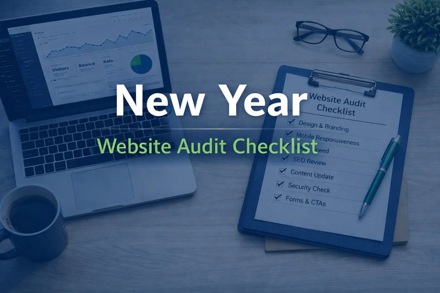 Modern workspace featuring a laptop with website analytics and a clipboard titled “New Year Website Audit Checklist” showing design, mobile responsiveness, performance, SEO, accessibility, and conversion checks, styled in navy and green brand colours.